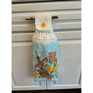 Crochet Top Kitchen Towel-Spring bunny with flowers